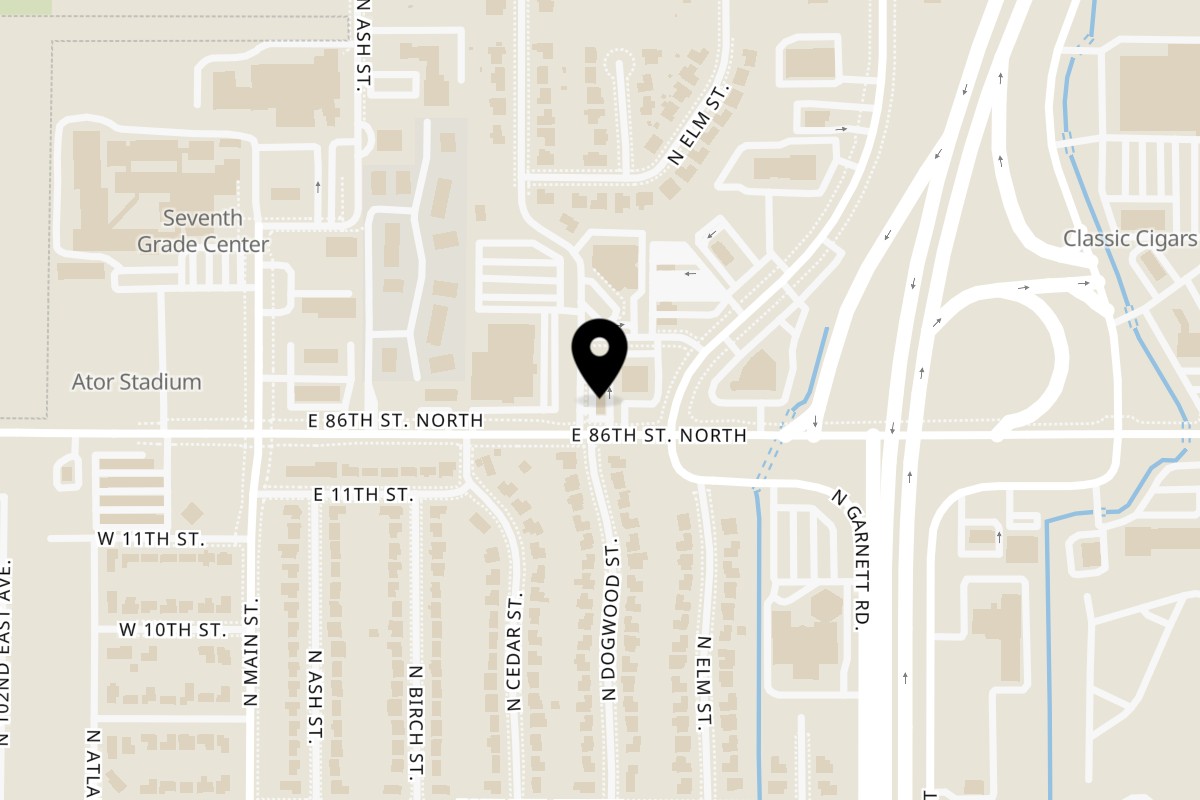 Map showing the location of Roy's Fried Chicken on 10709 East 86th St N in Owasso